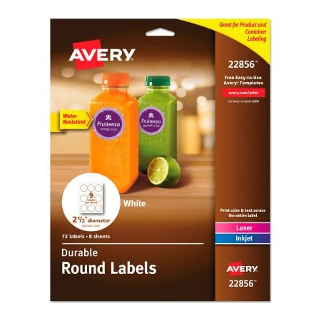 Avery Dennison Avery Durable White Round ID Labels, 2-1/2in diameter, White, 72/Pack 22856